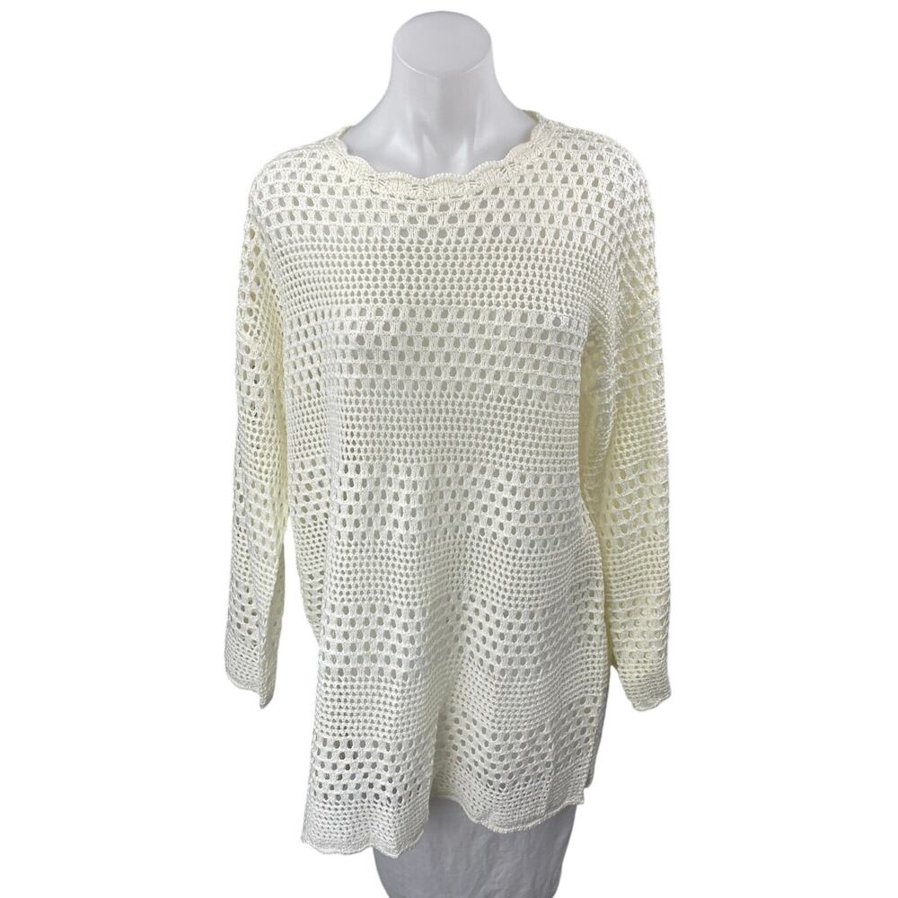 Women's Cream Open Knit Scallop Long Sleeve Tunic Dress Cover Up Sweater Size M